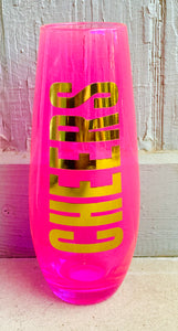"Cheers" neon pink champagne glass